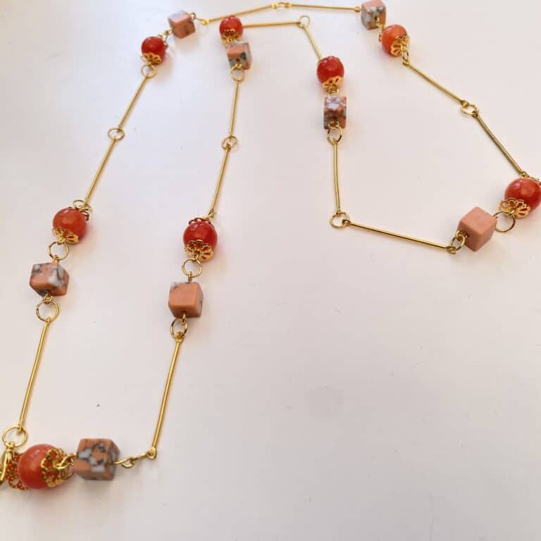 Long Necklace Orange Jade Howlite Gemstones