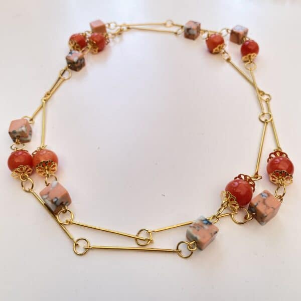 Long Necklace Orange Jade Howlite Gemstones