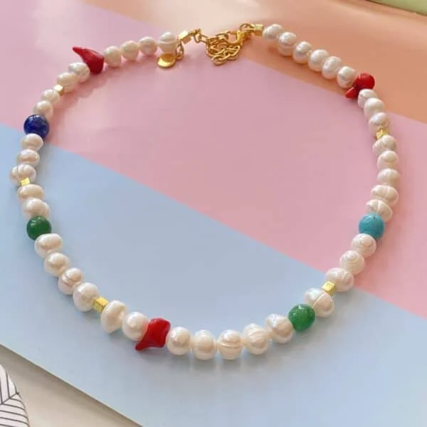 Fresh Pearl colourful gemstone necklace