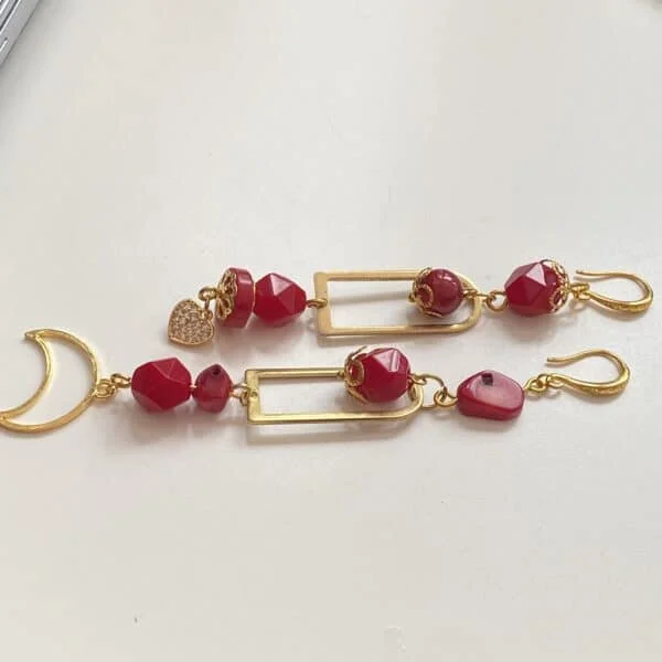Red Coral Gold Long Earring