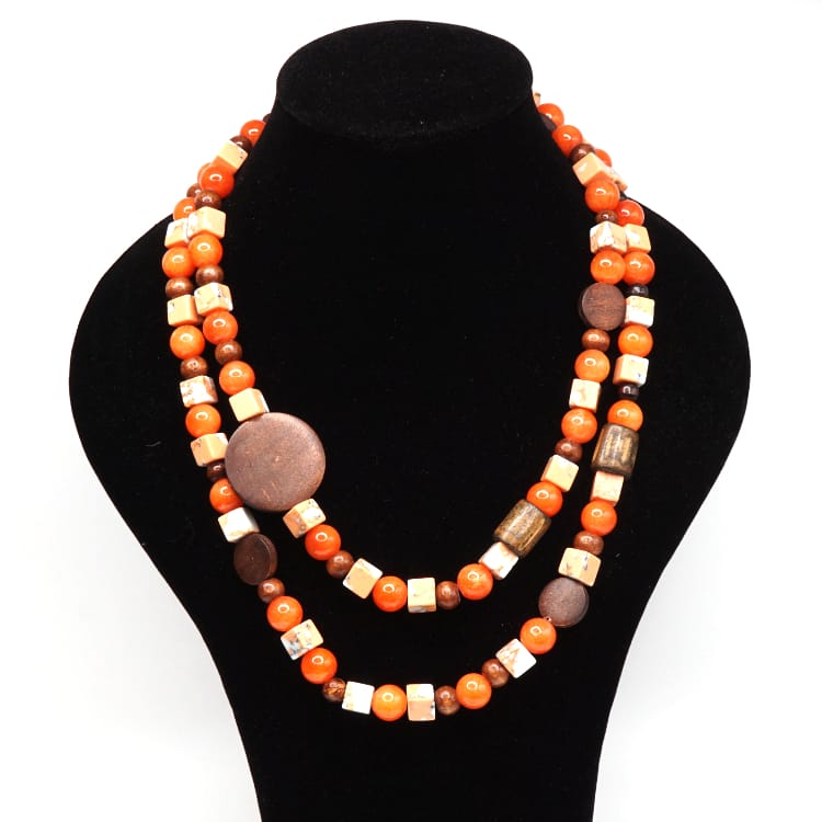 Chalcedony Gemstone And Wooden Long Necklace