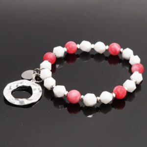 Pink Agate White Jade Silver Hematite Bracelet