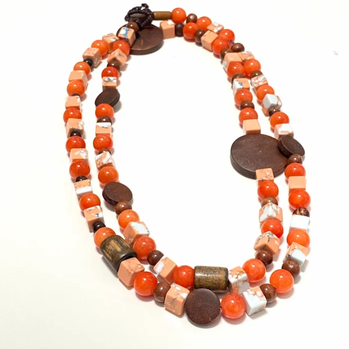 Wood Gemstone Long Necklace