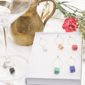 6 Luxury Square Natural Gemstone Wine Charms, Tags, Markers, Gemstone Square Beads Wine Charms, water drop shape Gold Plated Hoops, Gemstone Charms Wine Charm Set, Wine Gift, Gift, Gift Set, Glasses Charm Set, Charm Set, Wine glass Markers.