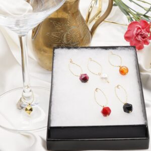 6 Luxury Faceted Natural Gemstone Wine Charms, Tags, Markers, Gemstone Square Beads Wine Charms, water drop shape Gold Plated Hoops, Gemstone Charms Wine Charm Set, Wine Gift, Gift, Gift Set, Glasses Charm Set, Charm Set, Wine glass Markers.