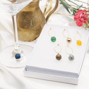 6 Luxury Beads Natural Gemstone Wine Charms, Tags, Markers, Gemstone Square Beads Wine Charms, water drop shape Gold Plated Hoops, Gemstone Charms Wine Charm Set, Wine Gift, Gift, Gift Set, Glasses Charm Set, Charm Set, Wine glass Markers.