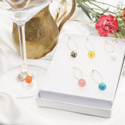 6 Luxury Beads Natural Gemstone Wine Charms, Tags, Markers, Gemstone Beads Wine Charms, Water Drop Shape Gold Plated Hoops, Gemstone Charms Wine Charm Set, Wine Gift, Gift, Gift Set, Glasses Charm Set, Charm Set, Wine Glass Markers.