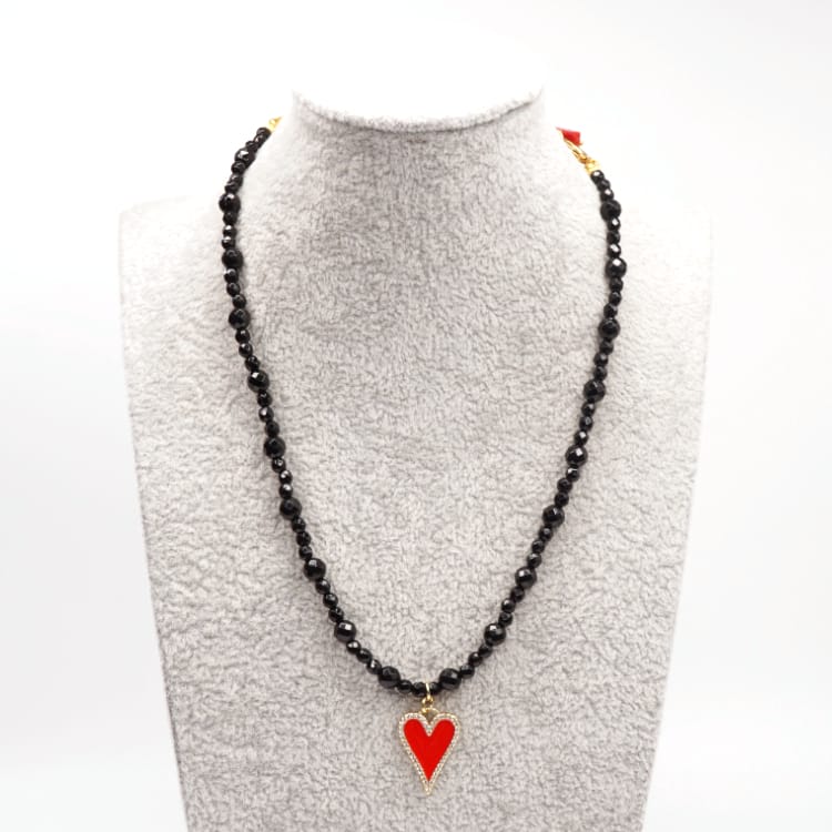 Black Onyx And Red Heart Zircon Pendant Necklace