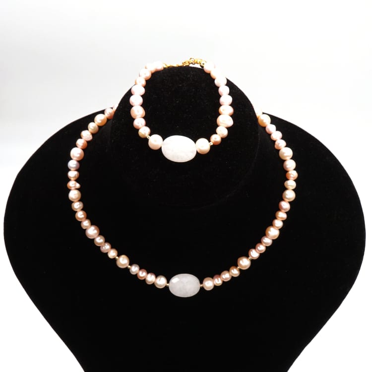 Rose Fresh Pearls Necklace And Bracelet Set V6